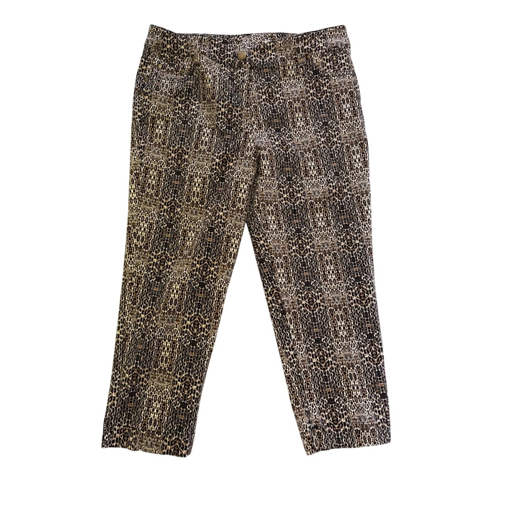 Tanjay Women Leopard Animal Print Cropped Pants Brown Tan Size 12 Stretch Cotton